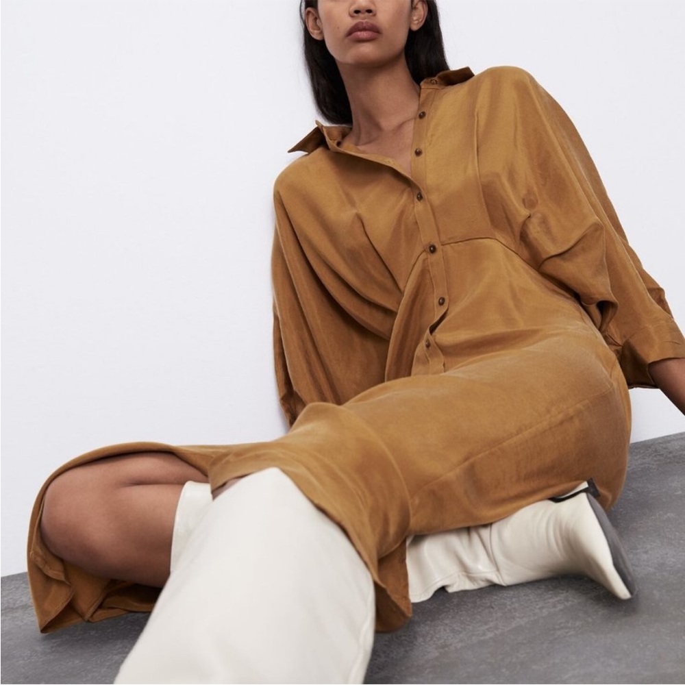 ZARA PLEATED SHIRT DRESS TRF TOFFEE Size XS - Picture 4 of 9